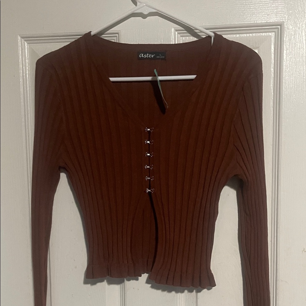 Brown Ribbed V-Neck Sweater